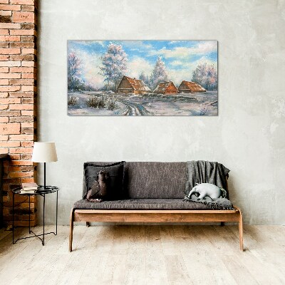 Glasbild Winterlandschaft mit Hütten