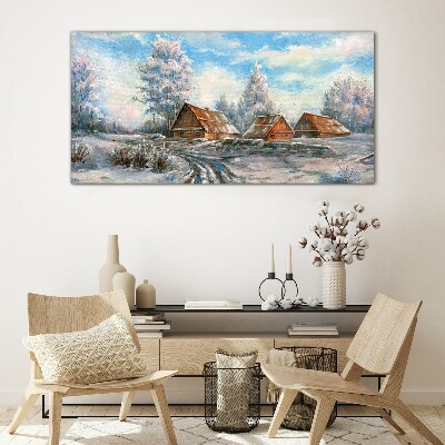 Glasbild Winterlandschaft mit Hütten