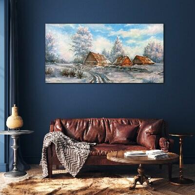 Glasbild Winterlandschaft mit Hütten