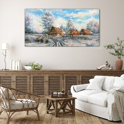 Glasbild Winterlandschaft mit Hütten