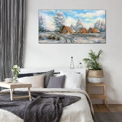 Glasbild Winterlandschaft mit Hütten