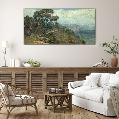 Glasbild Küstenlandschaft mit einem Baum