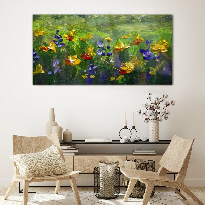Foto glasbild Eine Blumenlandschaft in Frühlingsfarben