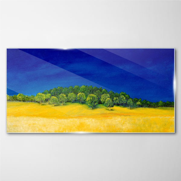 Glasbild Goldene Felder unter blauem Himmel