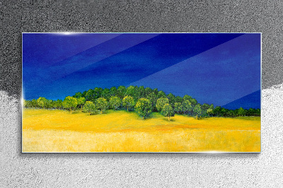 Glasbild Goldene Felder unter blauem Himmel