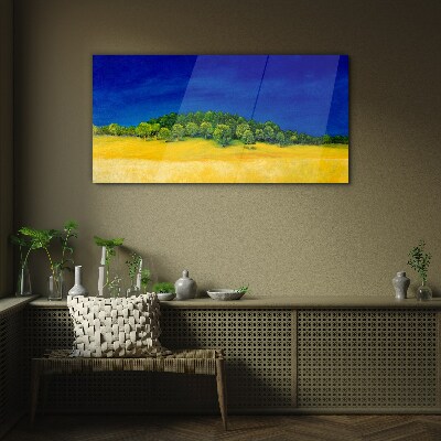 Glasbild Goldene Felder unter blauem Himmel