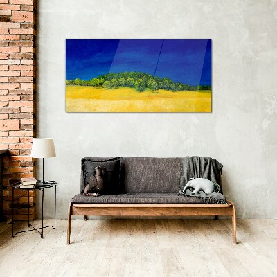 Glasbild Goldene Felder unter blauem Himmel