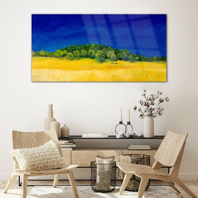 Glasbild Goldene Felder unter blauem Himmel