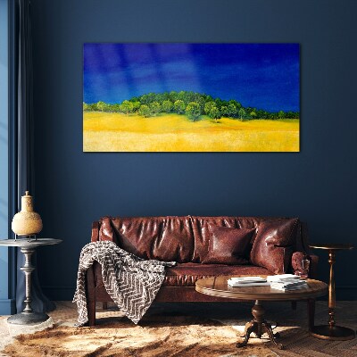 Glasbild Goldene Felder unter blauem Himmel