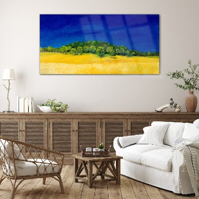Glasbild Goldene Felder unter blauem Himmel