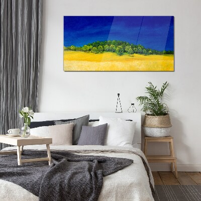 Glasbild Goldene Felder unter blauem Himmel