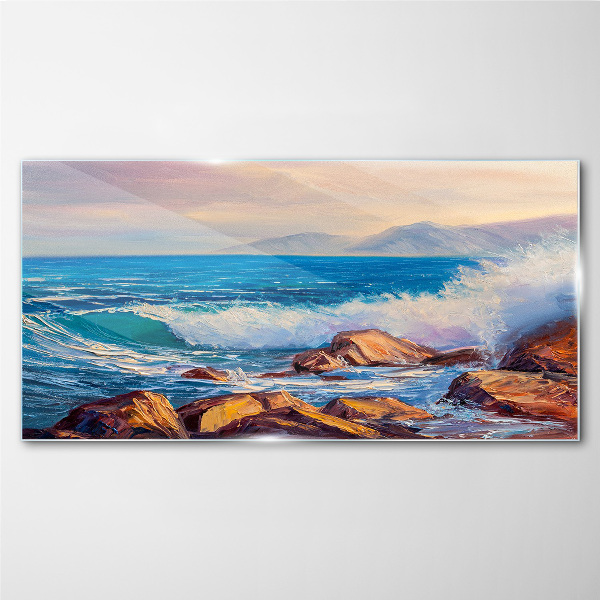 Glasbild Wellen an der Küste bei Sonnenuntergang