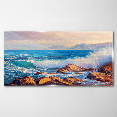 Glasbild Wellen an der Küste bei Sonnenuntergang