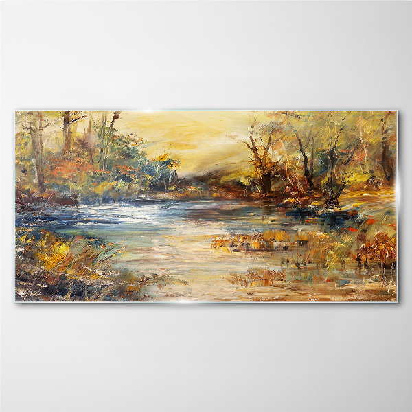 Glasbild Herbstlicher Fluss in goldenen Farben