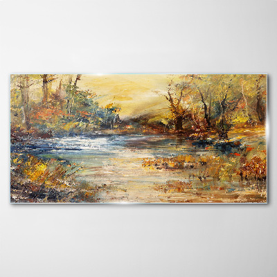 Glasbild Herbstlicher Fluss in goldenen Farben