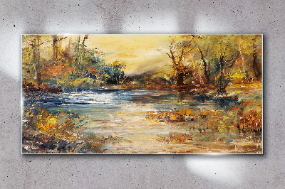 Glasbild Herbstlicher Fluss in goldenen Farben