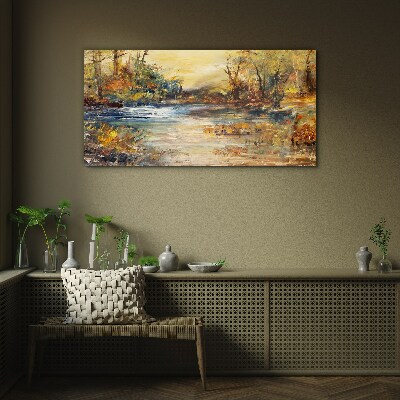 Glasbild Herbstlicher Fluss in goldenen Farben