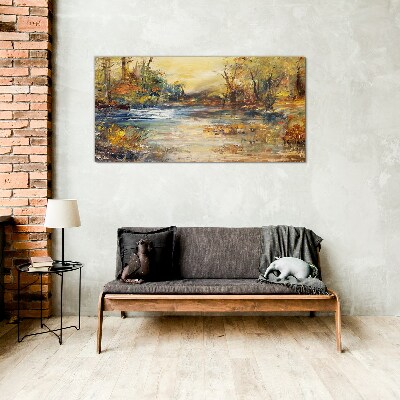 Glasbild Herbstlicher Fluss in goldenen Farben