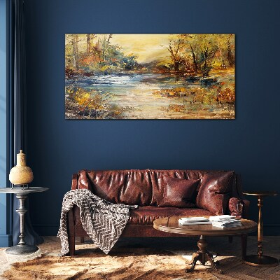 Glasbild Herbstlicher Fluss in goldenen Farben