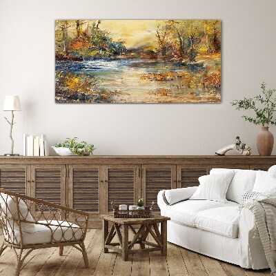 Glasbild Herbstlicher Fluss in goldenen Farben