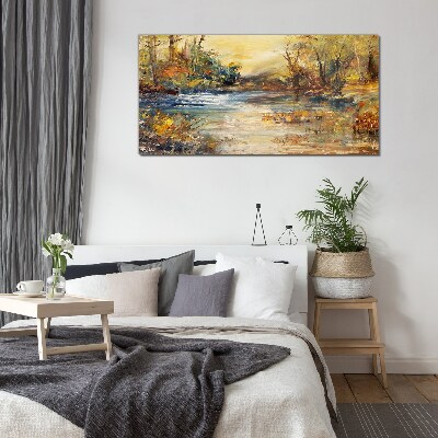 Glasbild Herbstlicher Fluss in goldenen Farben
