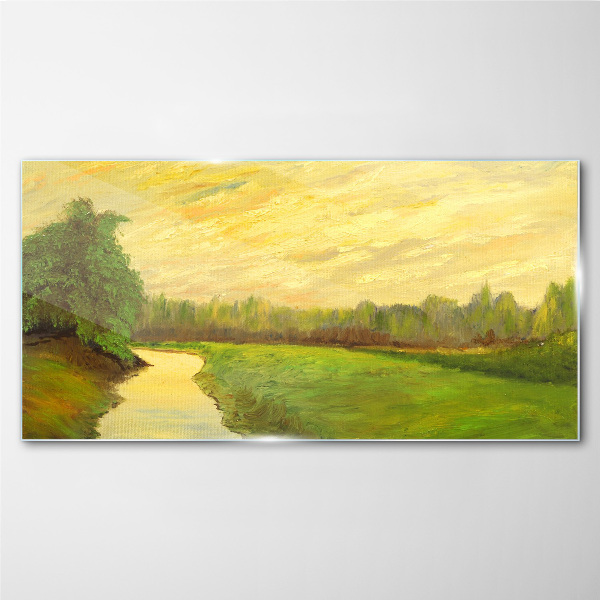 Glasbild Eine friedliche Landschaft mit einem Fluss und Bäumen