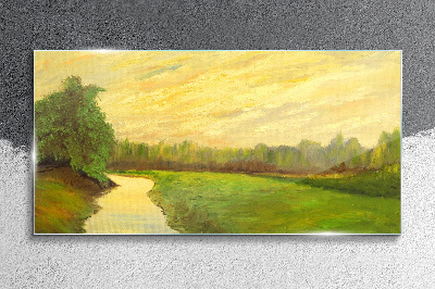 Glasbild Eine friedliche Landschaft mit einem Fluss und Bäumen
