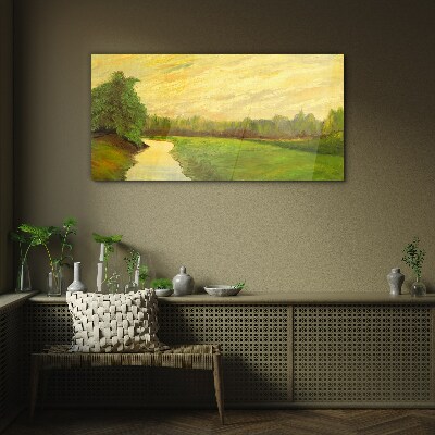 Glasbild Eine friedliche Landschaft mit einem Fluss und Bäumen