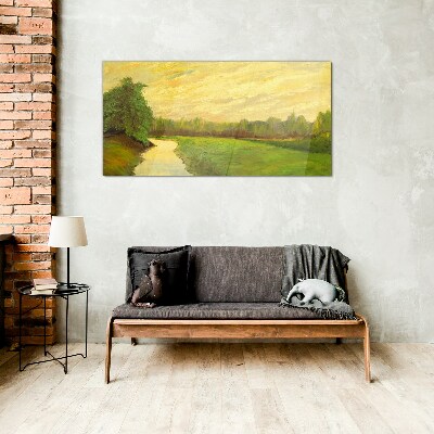 Glasbild Eine friedliche Landschaft mit einem Fluss und Bäumen