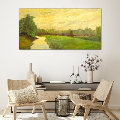 Glasbild Eine friedliche Landschaft mit einem Fluss und Bäumen