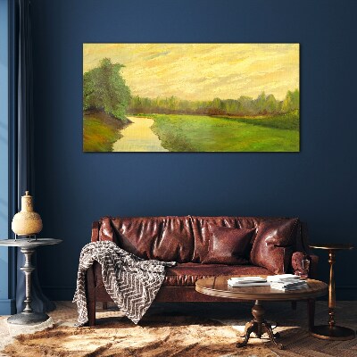 Glasbild Eine friedliche Landschaft mit einem Fluss und Bäumen