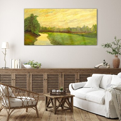 Glasbild Eine friedliche Landschaft mit einem Fluss und Bäumen