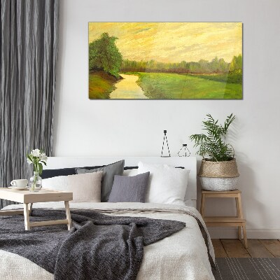 Glasbild Eine friedliche Landschaft mit einem Fluss und Bäumen