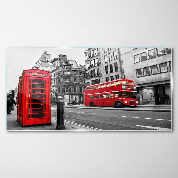 Glasbild Rotes Telefon in einer grauen Stadt
