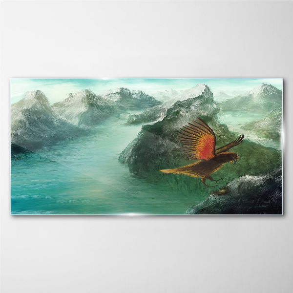 Glasbild Adler über einem Bergsee