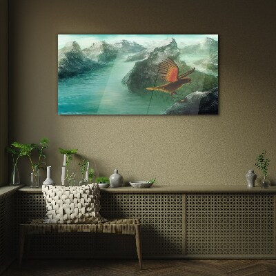 Glasbild Adler über einem Bergsee