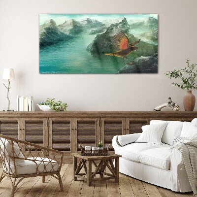 Glasbild Adler über einem Bergsee