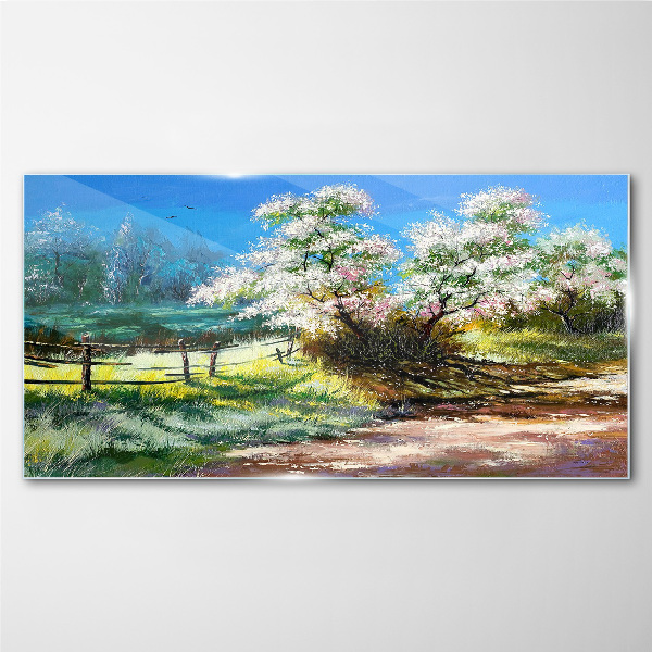 Glasbild Frühlingslandschaft mit blühenden Bäumen