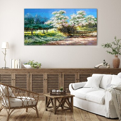 Glasbild Frühlingslandschaft mit blühenden Bäumen