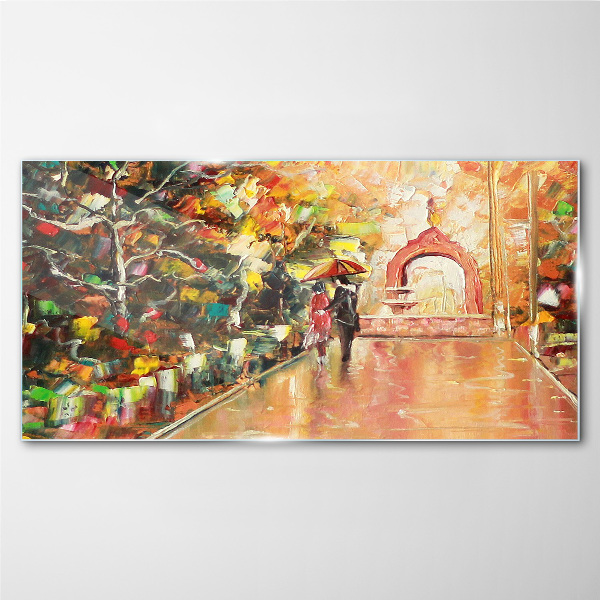Glasbild Herbstliche Gasse mit Sonnenschirmen