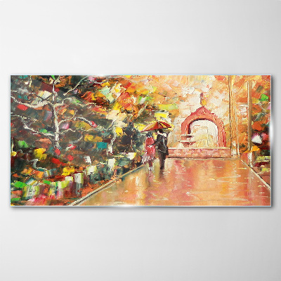 Glasbild Herbstliche Gasse mit Sonnenschirmen