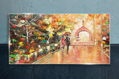 Glasbild Herbstliche Gasse mit Sonnenschirmen