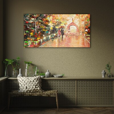 Glasbild Herbstliche Gasse mit Sonnenschirmen