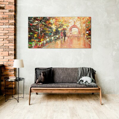 Glasbild Herbstliche Gasse mit Sonnenschirmen