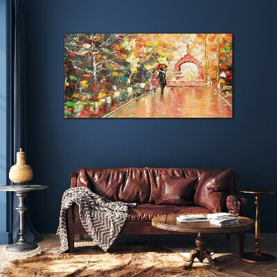 Glasbild Herbstliche Gasse mit Sonnenschirmen