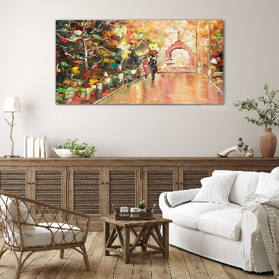 Glasbild Herbstliche Gasse mit Sonnenschirmen