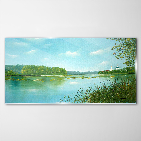 Glasbild Eine friedliche Landschaft am Wasser