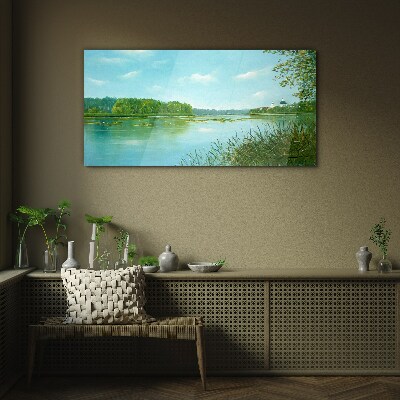 Glasbild Eine friedliche Landschaft am Wasser