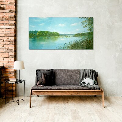 Glasbild Eine friedliche Landschaft am Wasser