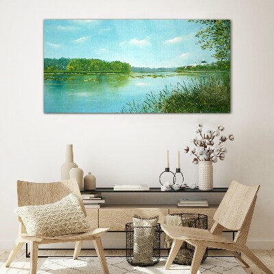 Glasbild Eine friedliche Landschaft am Wasser